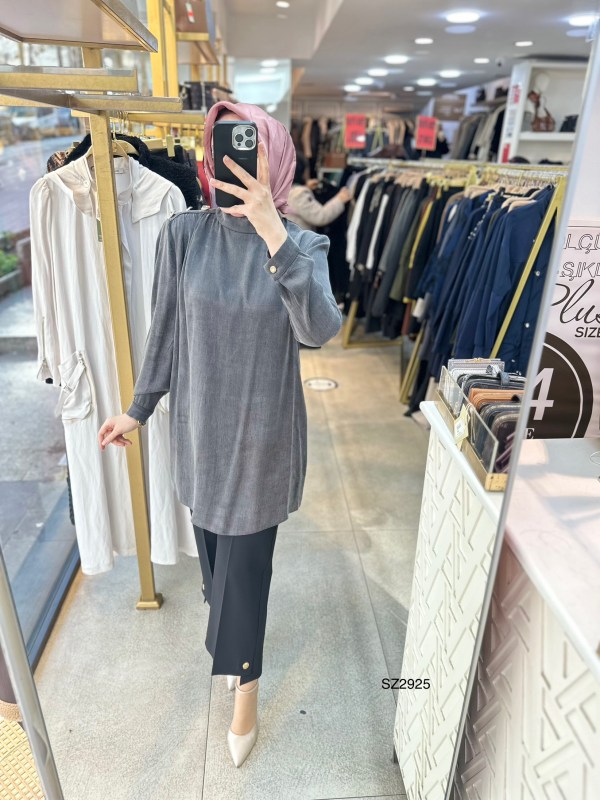 SZ2925 Selma Zaferoğlu Düğme Detaylı İpek Cupra Tunik