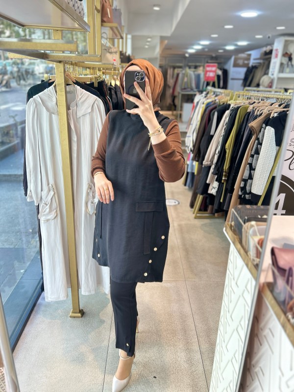 SZ1843 Selma Zaferoğlu Kol Garnili Çıt Detaylı Tunik